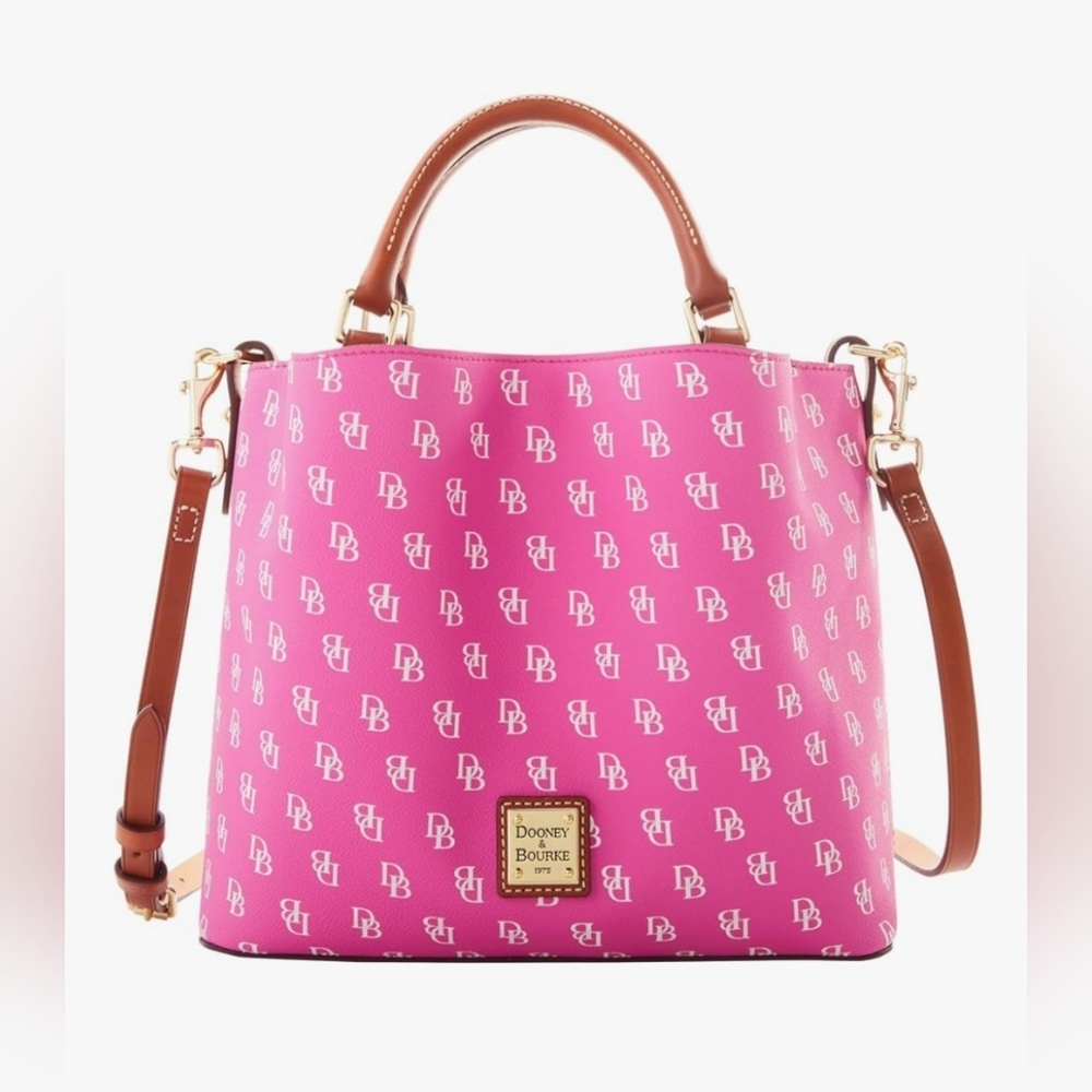 Dooney & Bourke Hot Pink Logo Bucket Tote with Brown Trim